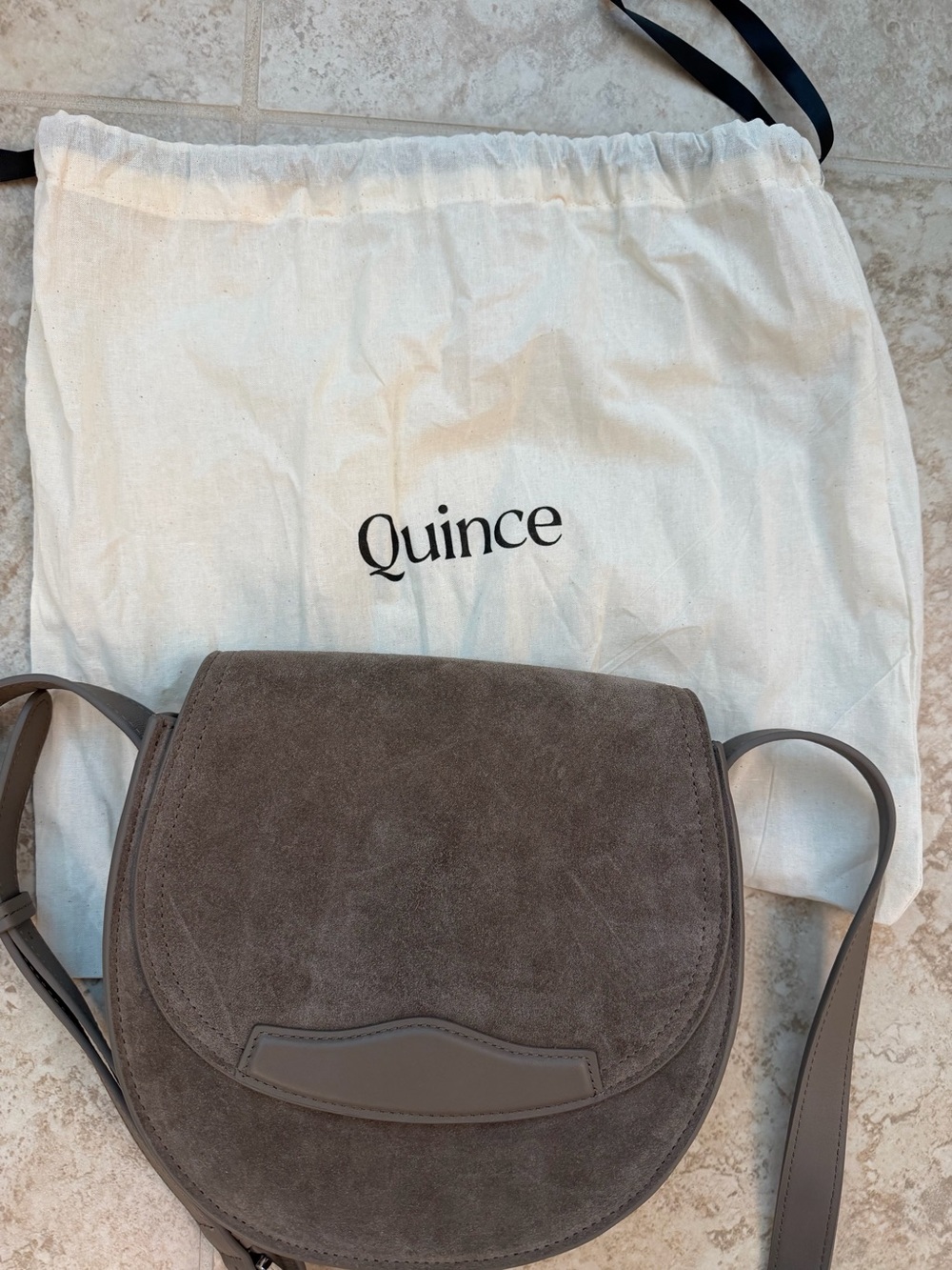 Quince Italian Suede Saddle Bag in pebble- new